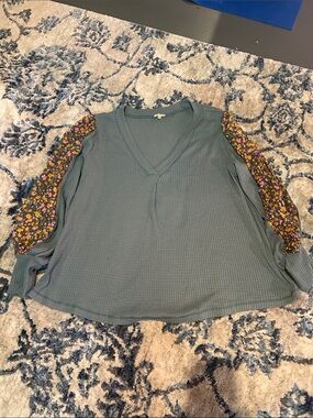 Vintage Havana Blue Waffle Knit Top with Floral Puff Sleeves